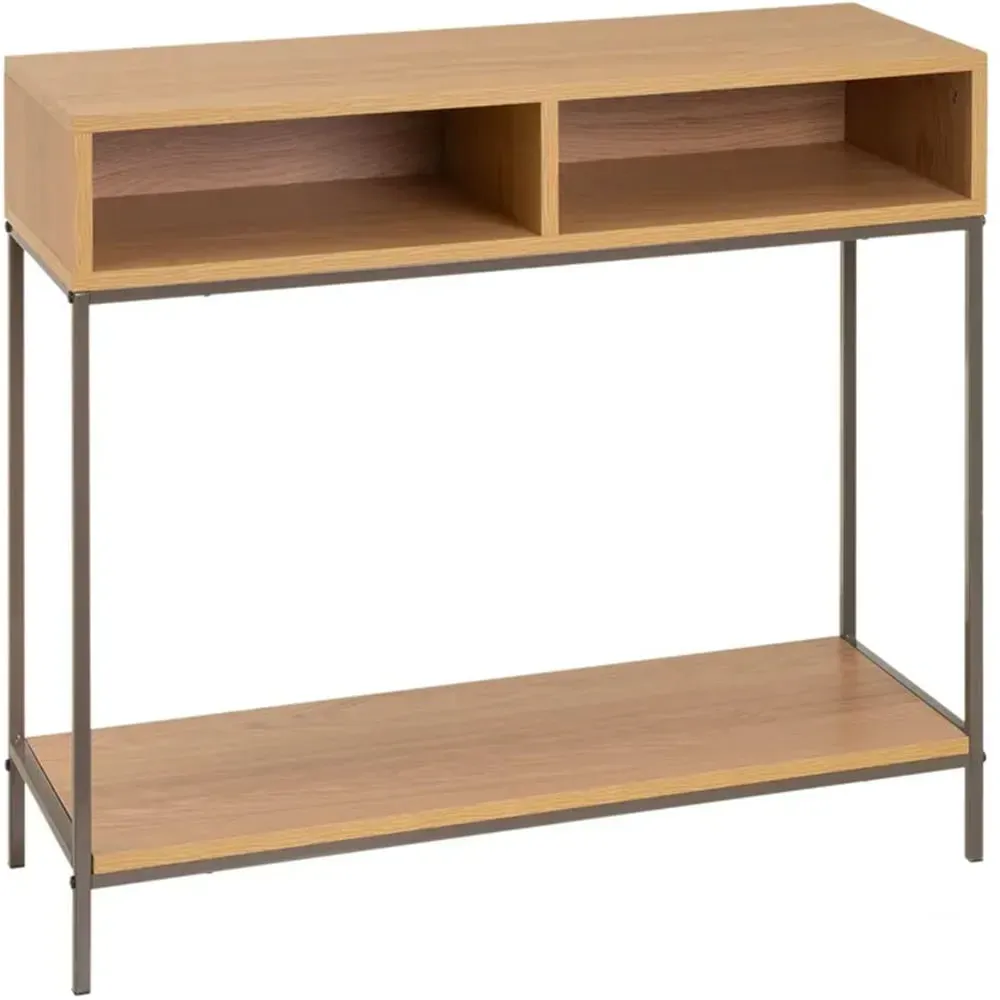Console d'entrée effet bois et métal gris à 2 casiers 80x30x75cm