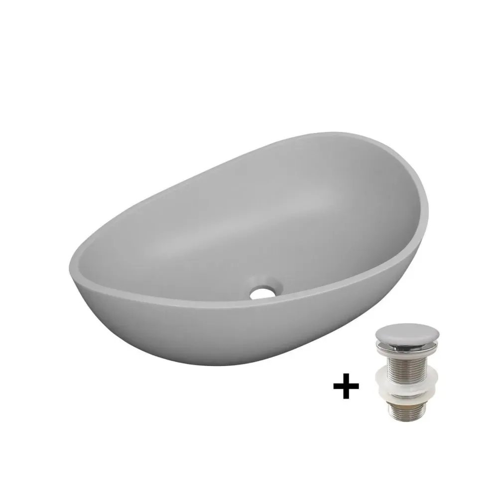 Vasque à poser organique en béton lisse  57x37cm + bonde