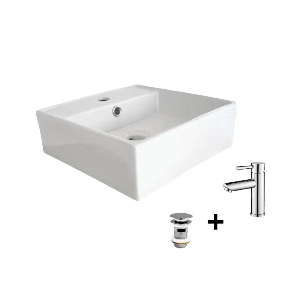 Vasque à poser carrée 38x38cm + robinet + bonde