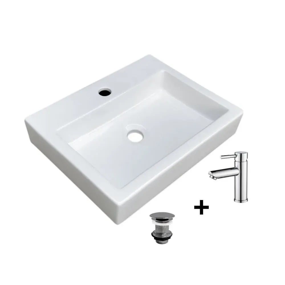 Vasque à poser rectangulaire 48x38cm  + robinet + bonde