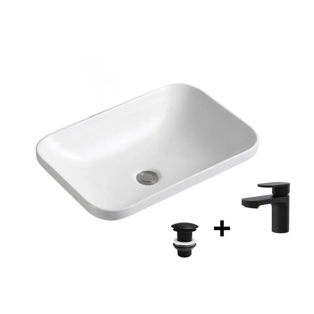 Vasque à encastrer rectangulaire 53x37cm  + robinet + bonde