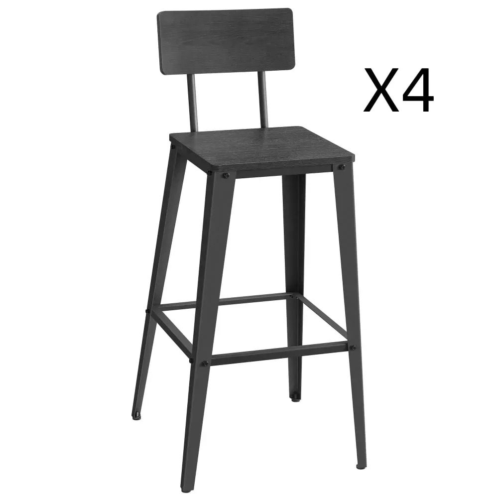 Tabourets de bar industriel lot de 4 avec dossier noir