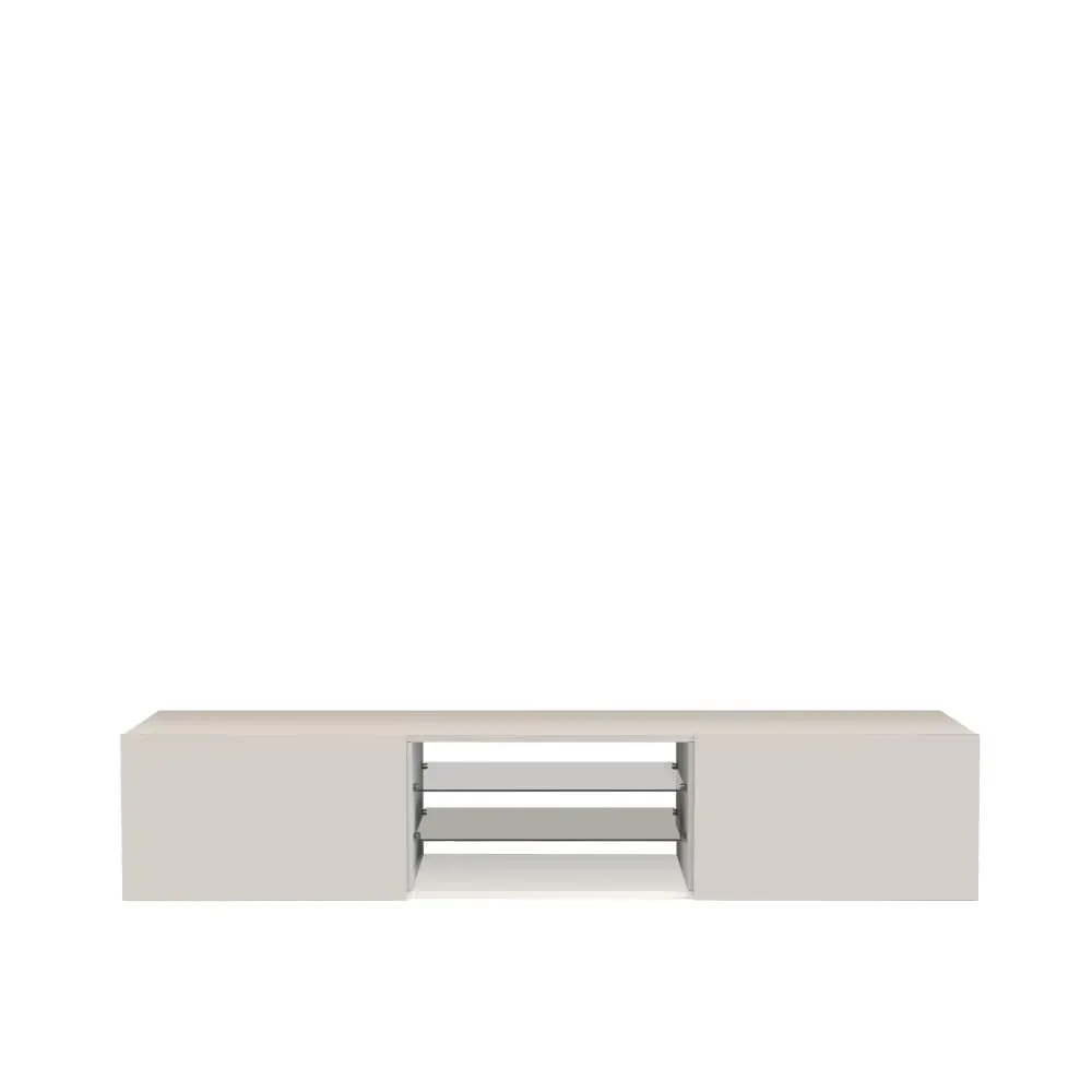 Meuble tv 2 portes 2 etagères 180 cm effet bois blanc brillant