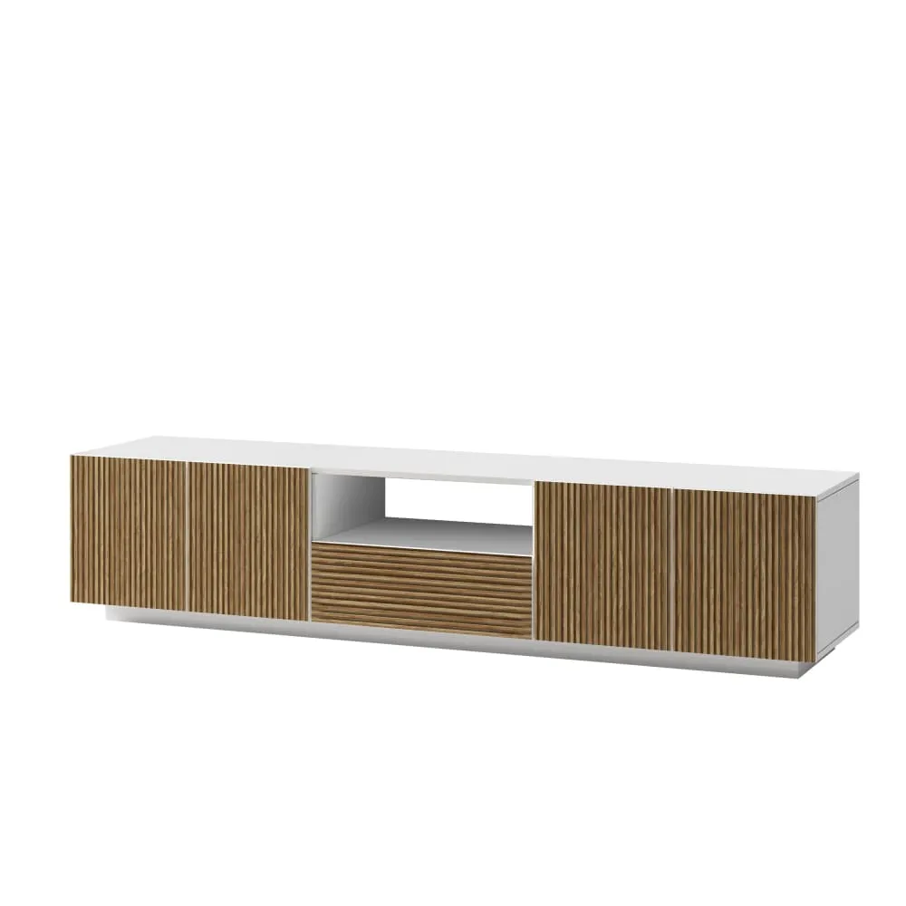 Meuble tv 4 portes 220,1 cm effet bois cannelé blanc/bois clair