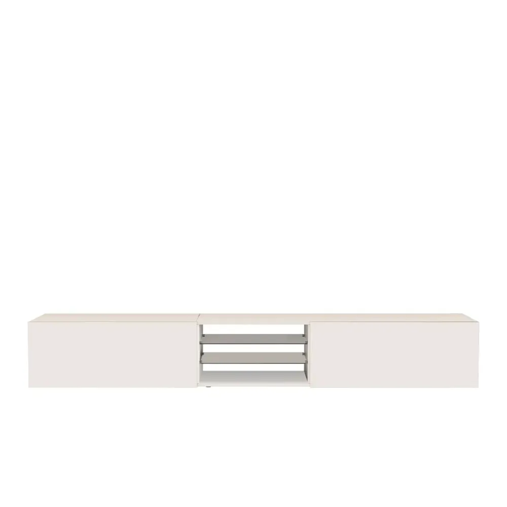 Meuble tv 2 portes 2 etagères 240 cm effet bois blanc brillant