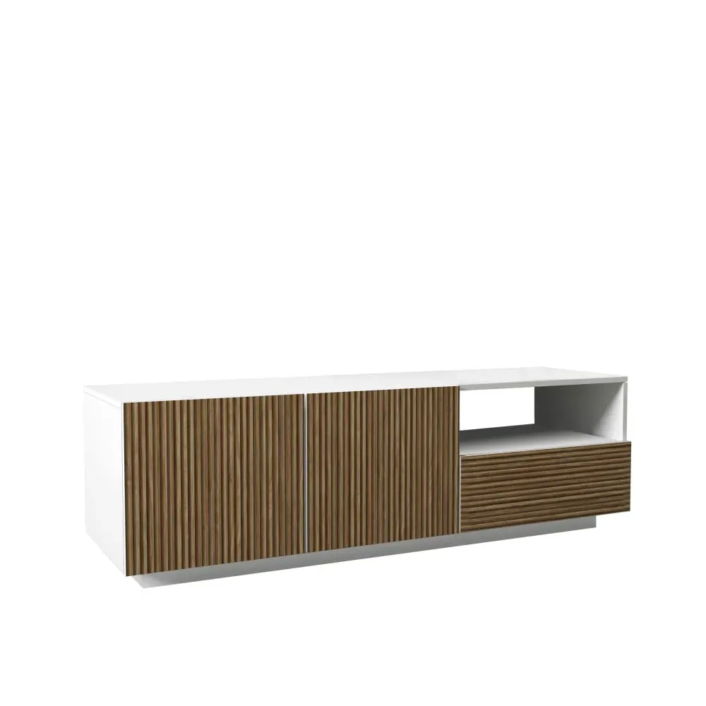 Meuble tv 2 portes 150 cm effet bois cannelé blanc et bois clair