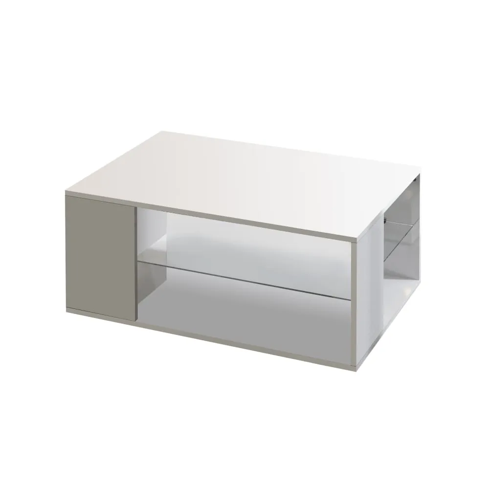 Table basse avec plateau en verre 90 cm effet bois blanc brillant