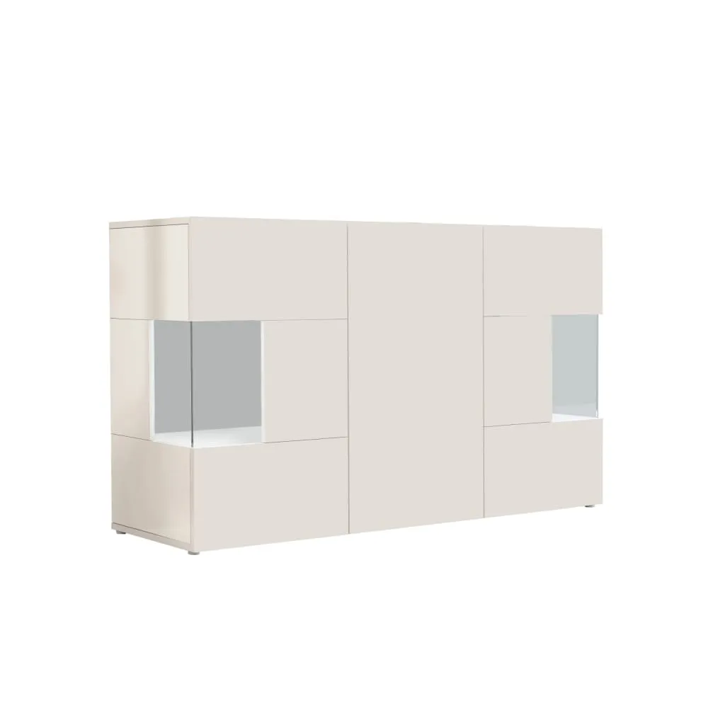 Buffet vitrine 3 portes 135 cm effet bois blanc brillant