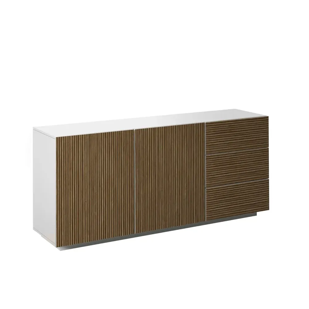 Buffet 2 portes 180 cm effet bois cannelé blanc mat et bois clair