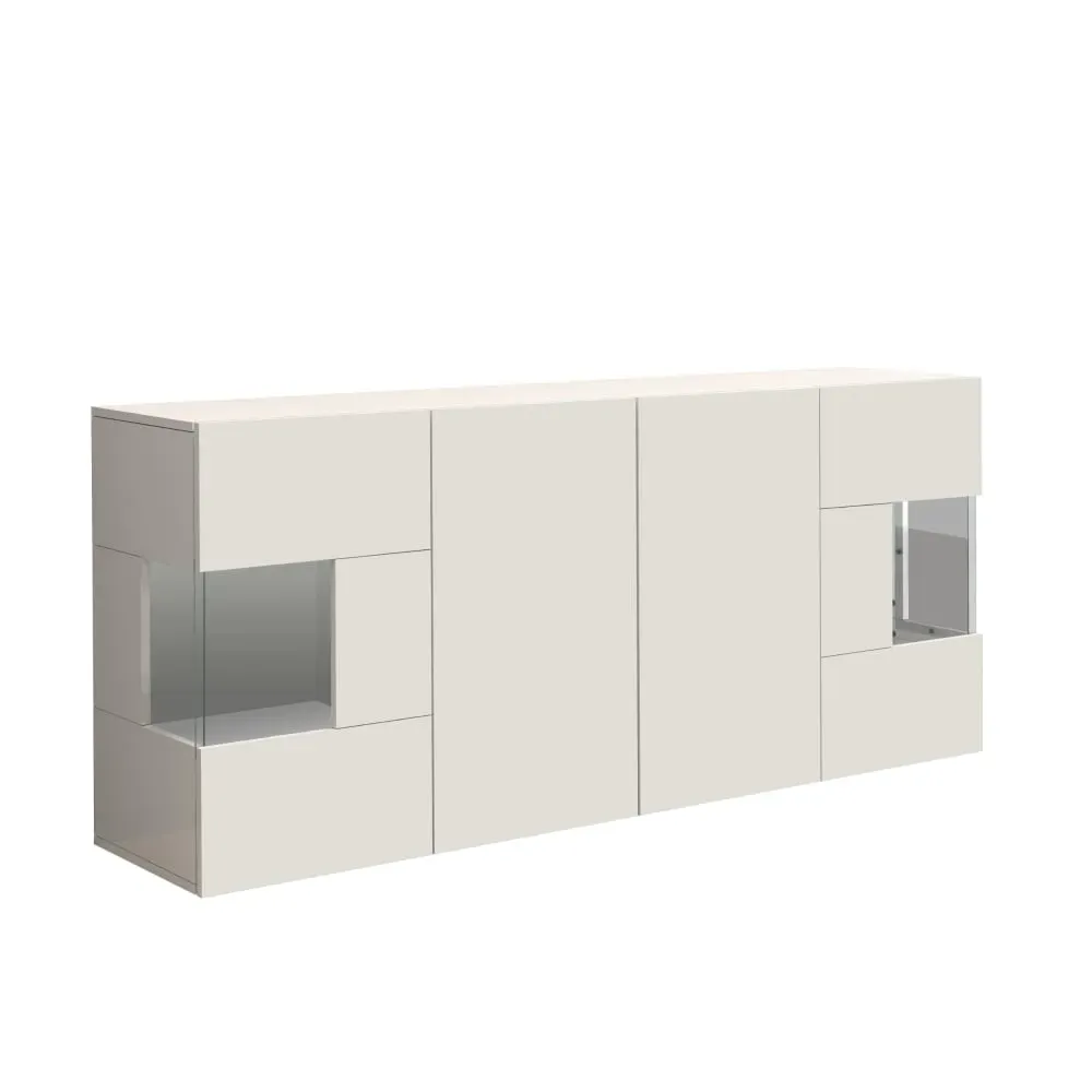 Buffet vitrine 4 portes 180 cm effet bois blanc brillant