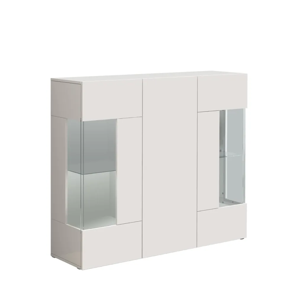 Buffet vitrine 3 portes 135 cm effet bois blanc brillant