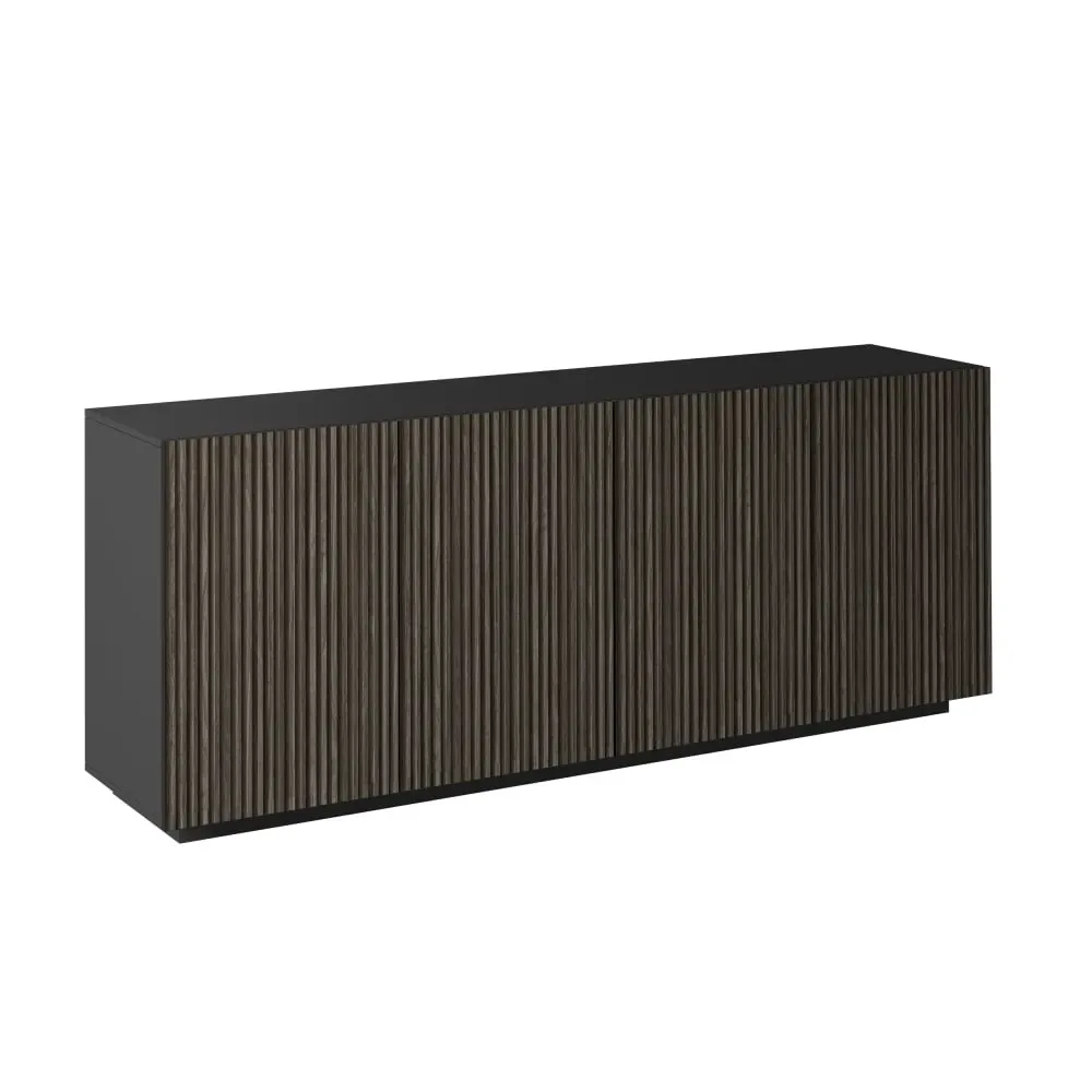Buffet 4 portes 200 cm effet bois cannelé anthracite mat et bois foncé