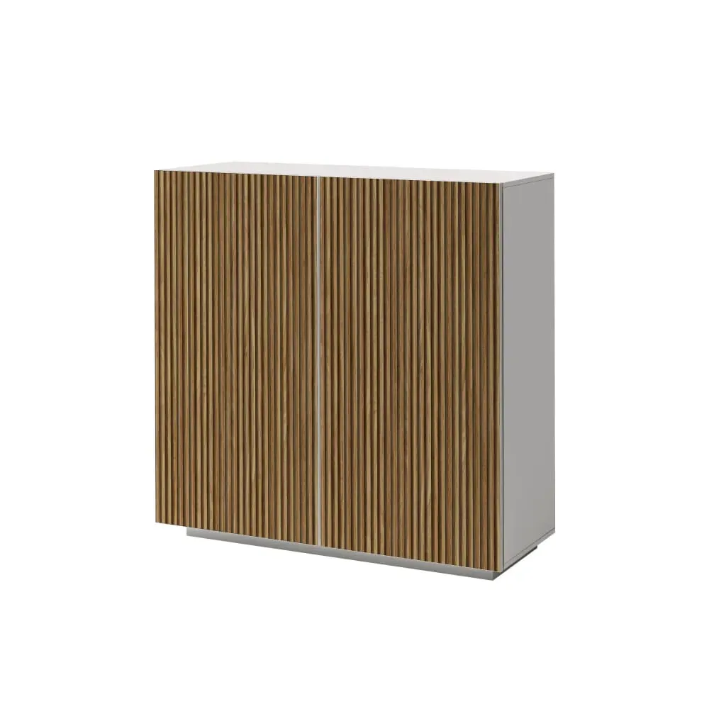 Buffet 2 portes 120 cm effet bois cannelé blanc mat et bois clair