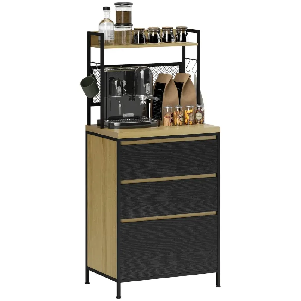 Armoire de cuisine, 3 tiroirs, plan de travail et 4 crochets, naturel