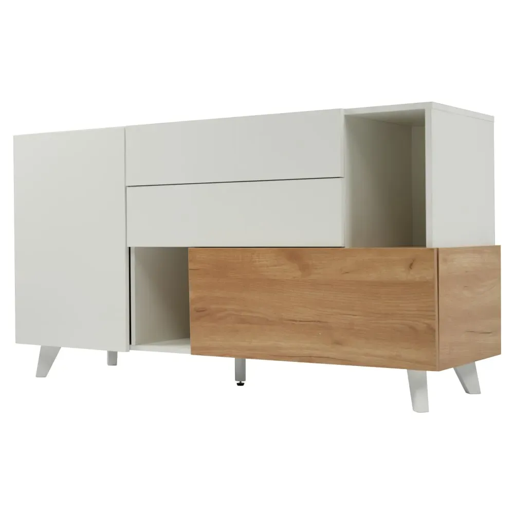 Buffet blanc brillant et effet bois 2 niches 2 tiroirs et 1 porte