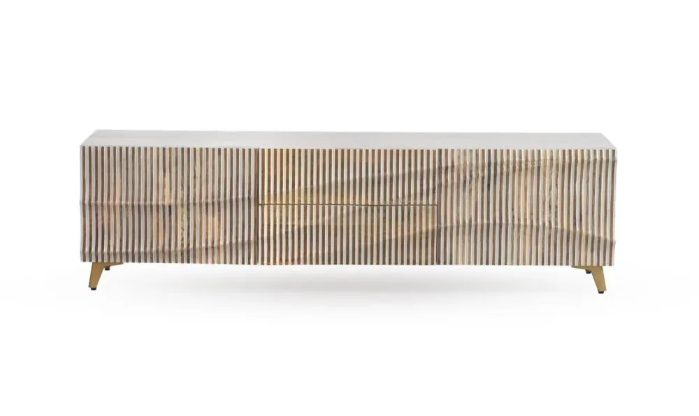 Meuble TV 2 portes et 2 tiroirs patiné blanc en bois de manguier