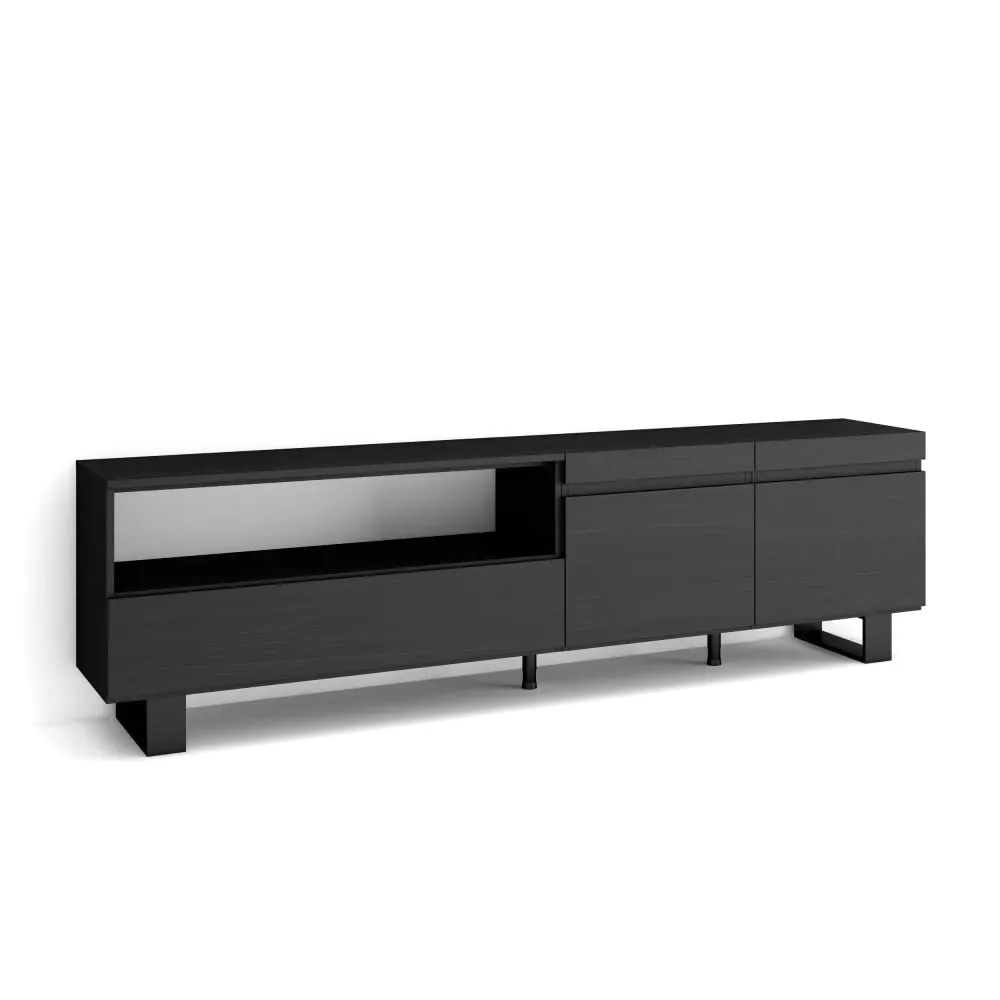 Meuble tv effet bois noir 200x35x57cm avec pieds