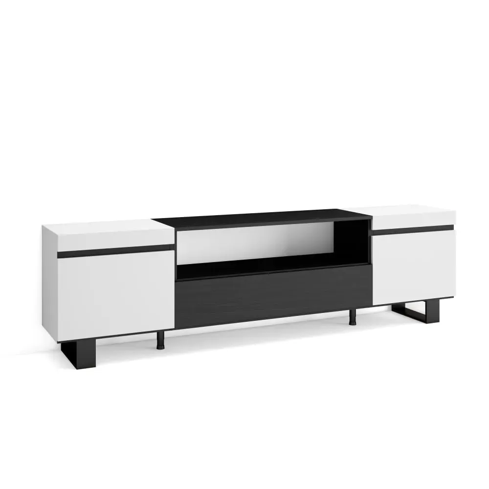 Meuble tv effet bois blanc et noir 200x35x57cm avec pieds