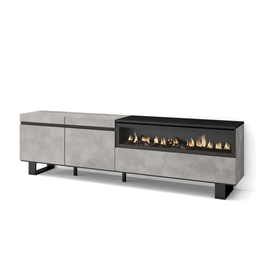 Meuble tv effet bois ciment 200x35x57cm cheminée effet feu