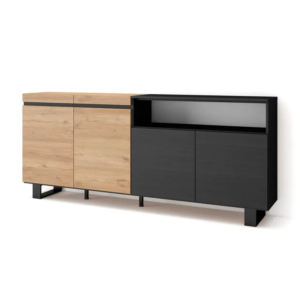 Buffet effet bois chêne et noir 200x35x87cm avec pieds