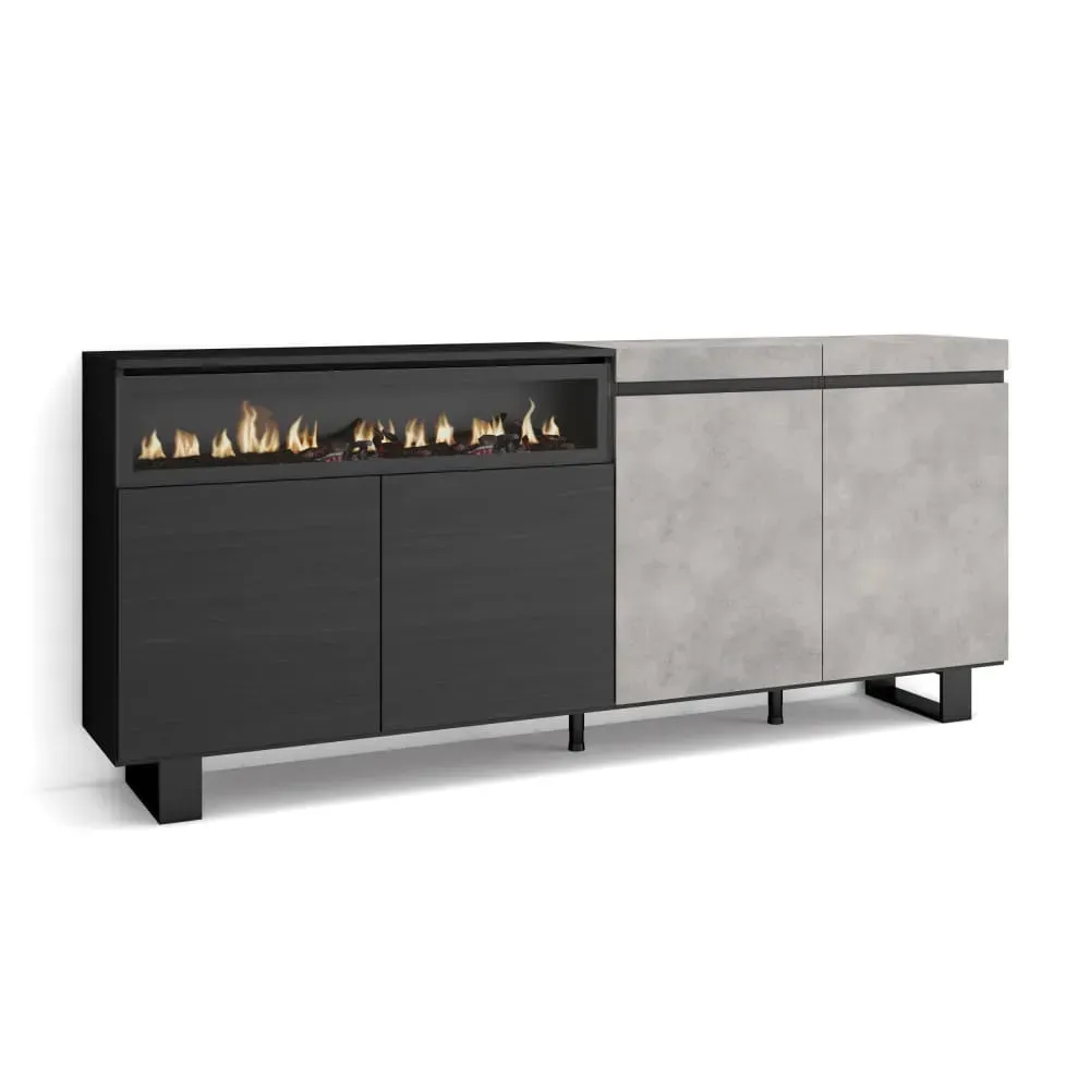 Buffet effet bois ciment 200x35x87cm cheminée effet feu