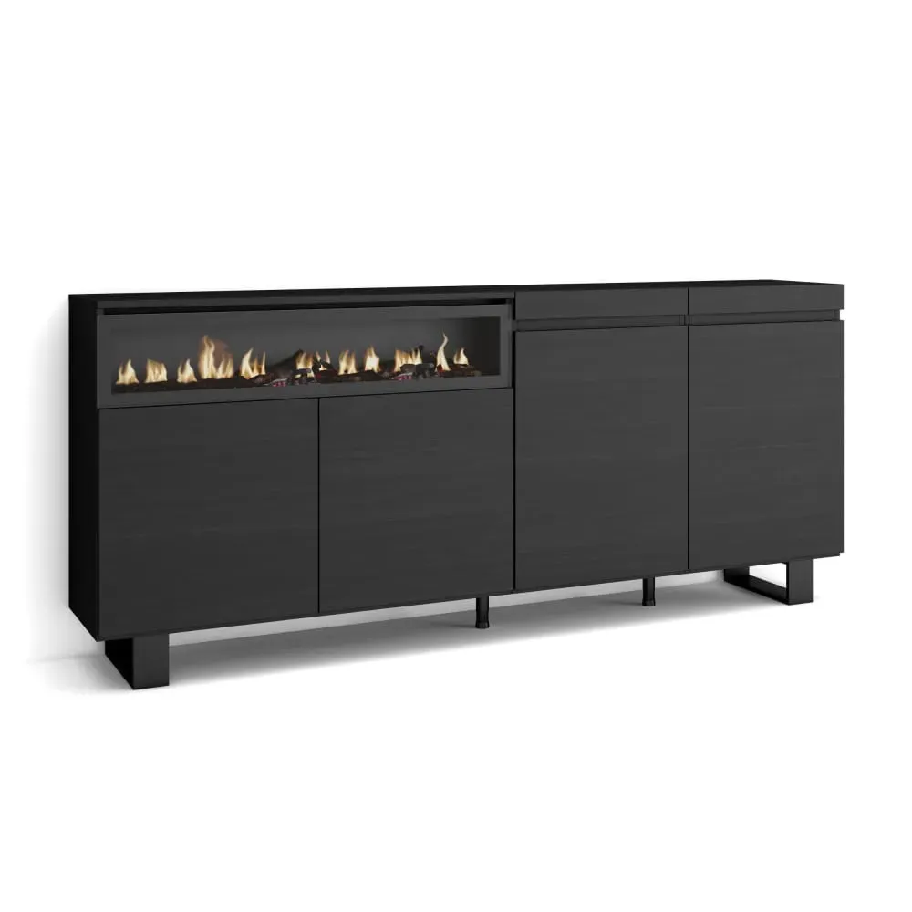 Buffet effet bois noir 200x35x87cm cheminée effet feu