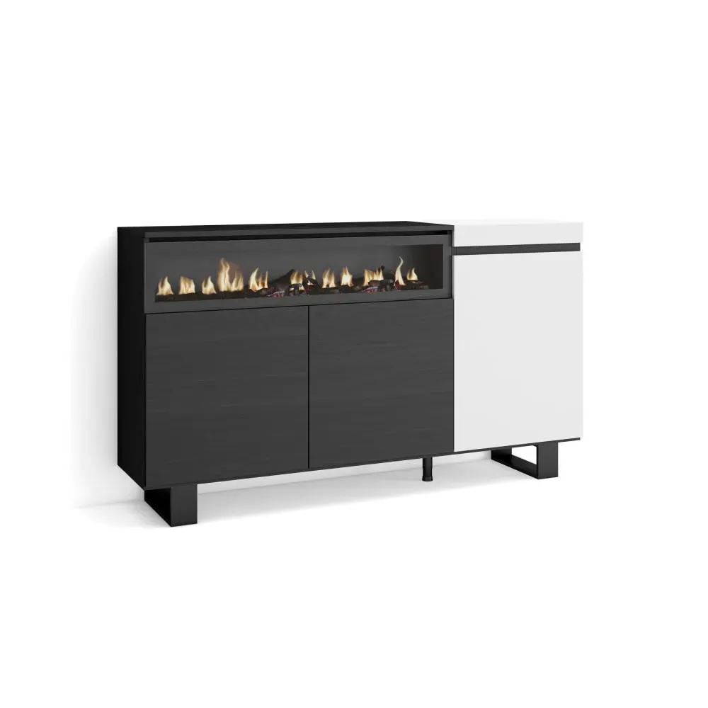 Buffet effet bois blanc et noir 150x35x87cm cheminée effet feu