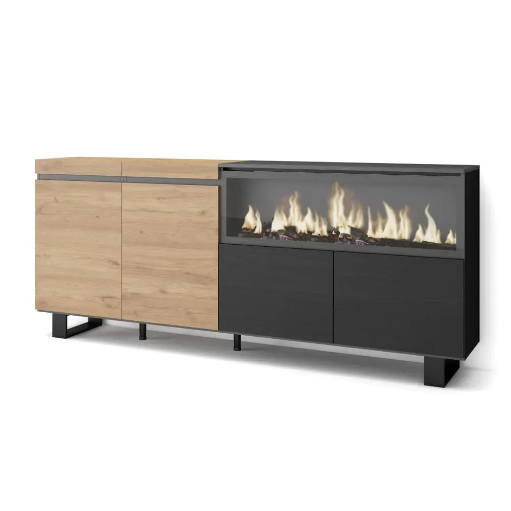 Buffet effet bois chêne et noir 208x35x87cm cheminée effet feu XXL