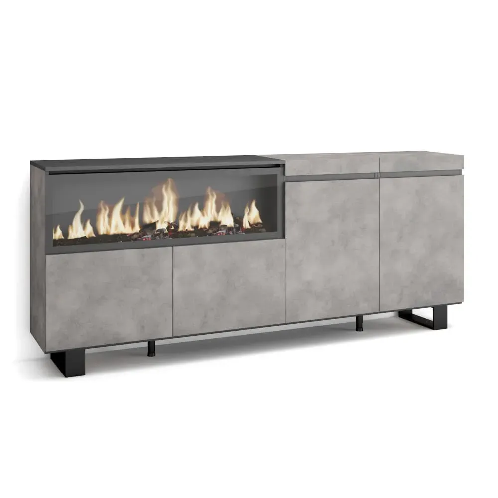 Buffet effet bois ciment 208x35x87cm cheminée effet feu XXL