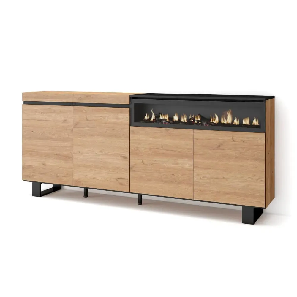 Buffet effet bois chêne et noir 200x35x87cm cheminée effet feu