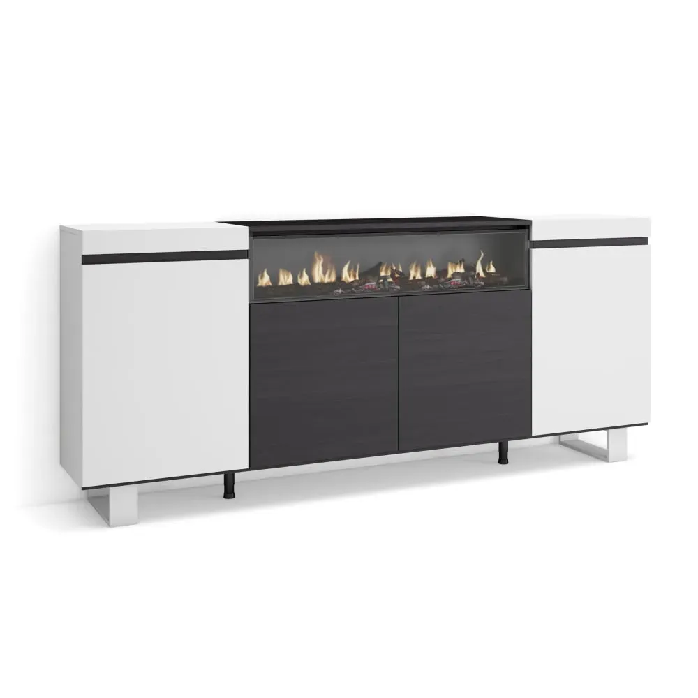 Buffet effet bois blanc et noir 200x35x87cm cheminée effet feu
