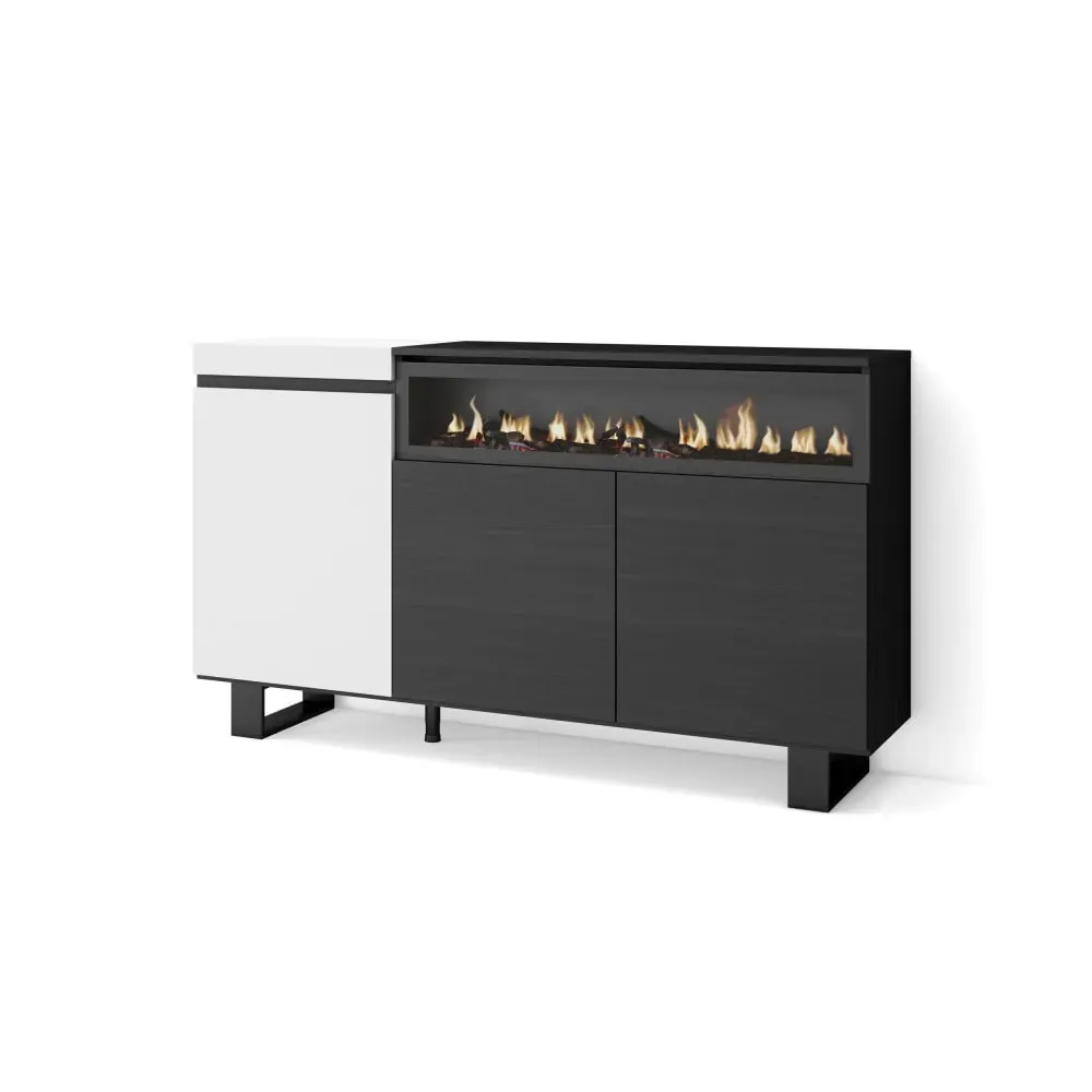 Buffet effet bois blanc et noir 150x35x87cm cheminée effet feu