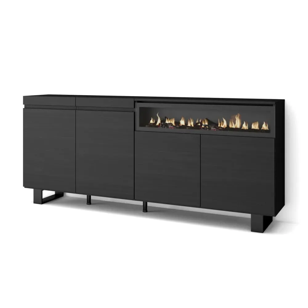 Buffet effet bois noir 200x35x87cm cheminée effet feu