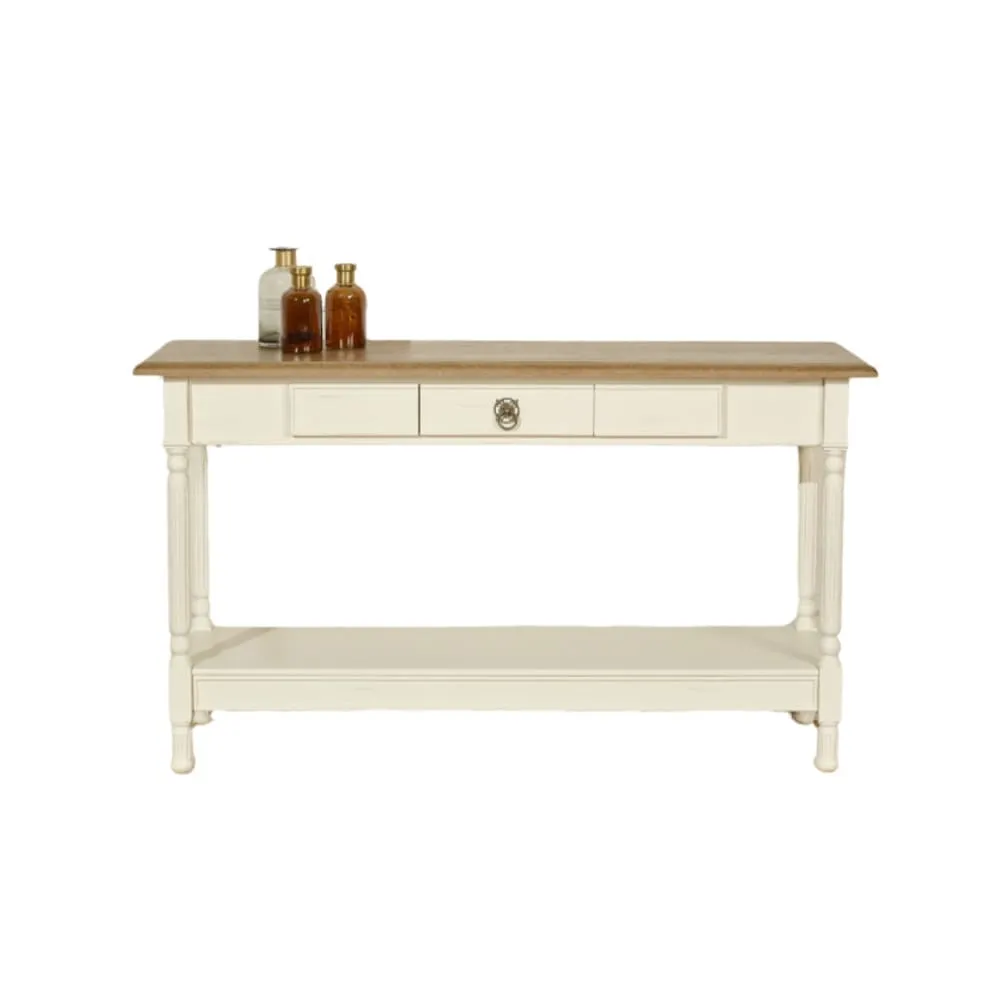 Console style shabby chic, plateau en chêne, 1 tiroir blanche