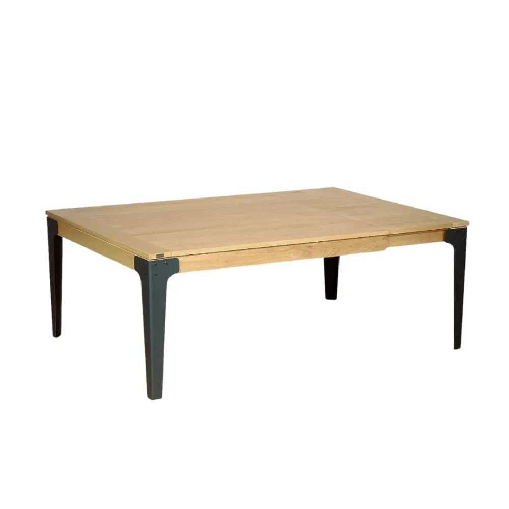 Table carrée en chêne et métal 1 rallonge 8/10 couverts teinte claire