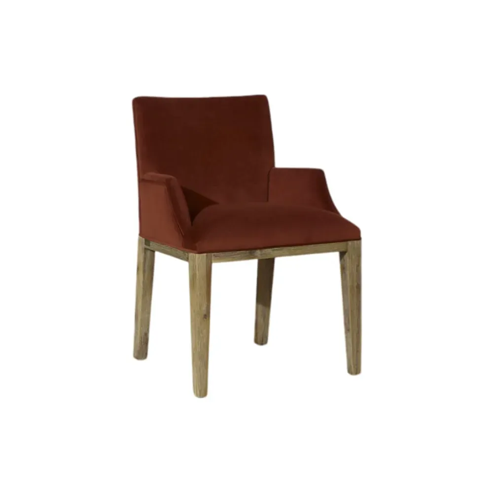 Fauteuil de table en hévéa et velours caramel cuivré