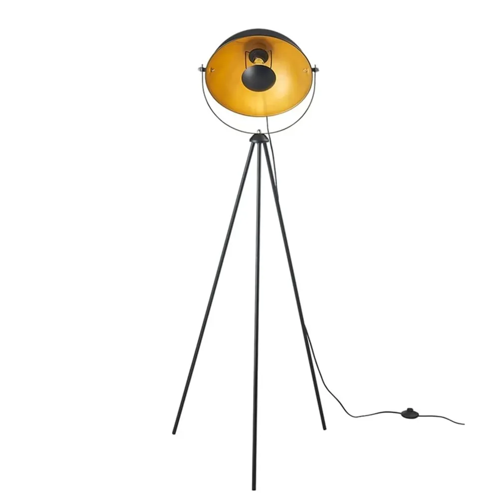 Lampadaire trépied métal noir avec projecteur rétro, H155 cm