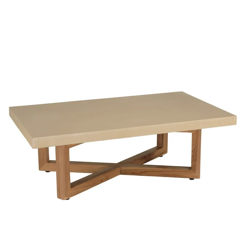 Table basse rectangulaire en béton pieds croisés en teck