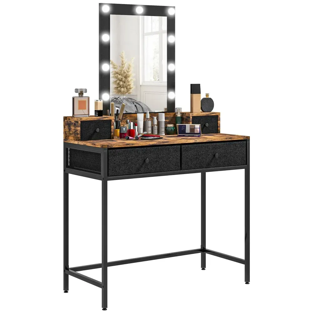 Coiffeuse industriel miroir LED 4 tiroirs acier noir bois vieilli