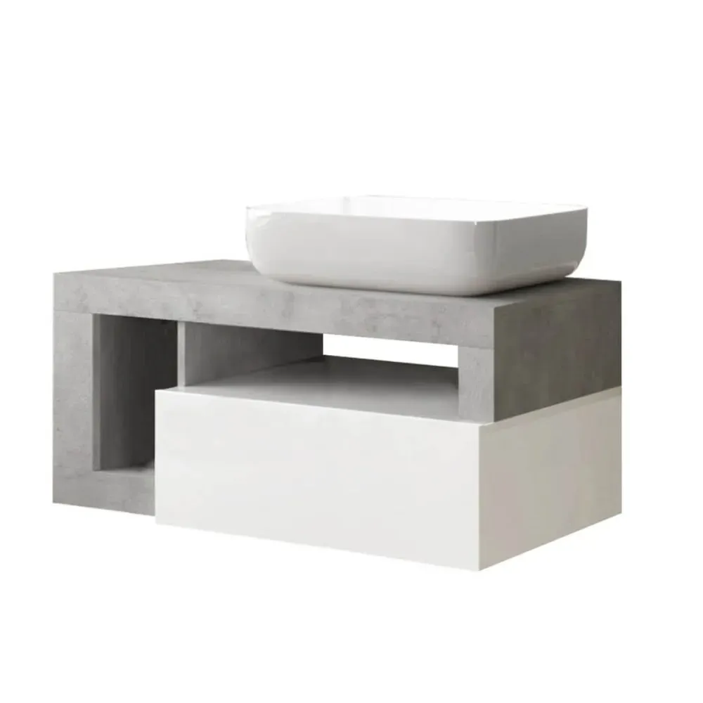 Meuble  vasque 92cm suspendu 1 tiroirs blanc laqué et aspect béton