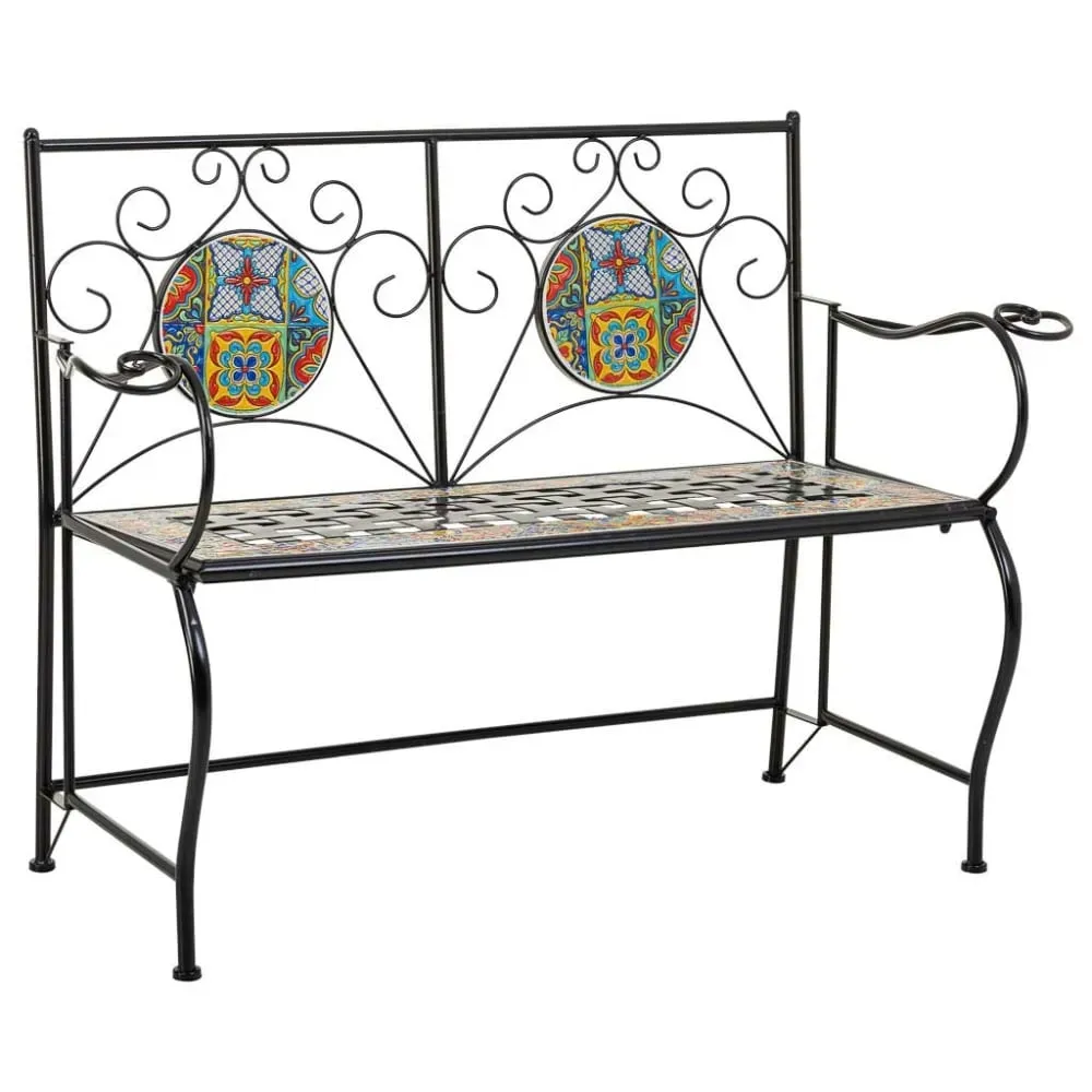 Banc en mosaïque et fer forgé noir 110x50x88h