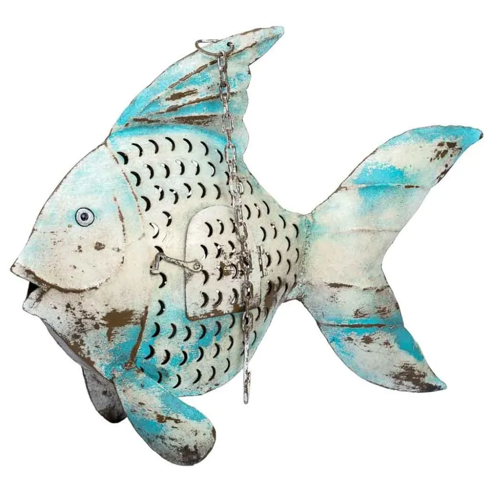 Bougeoir poisson en métal vieilli bleu, 56x10x42h cm