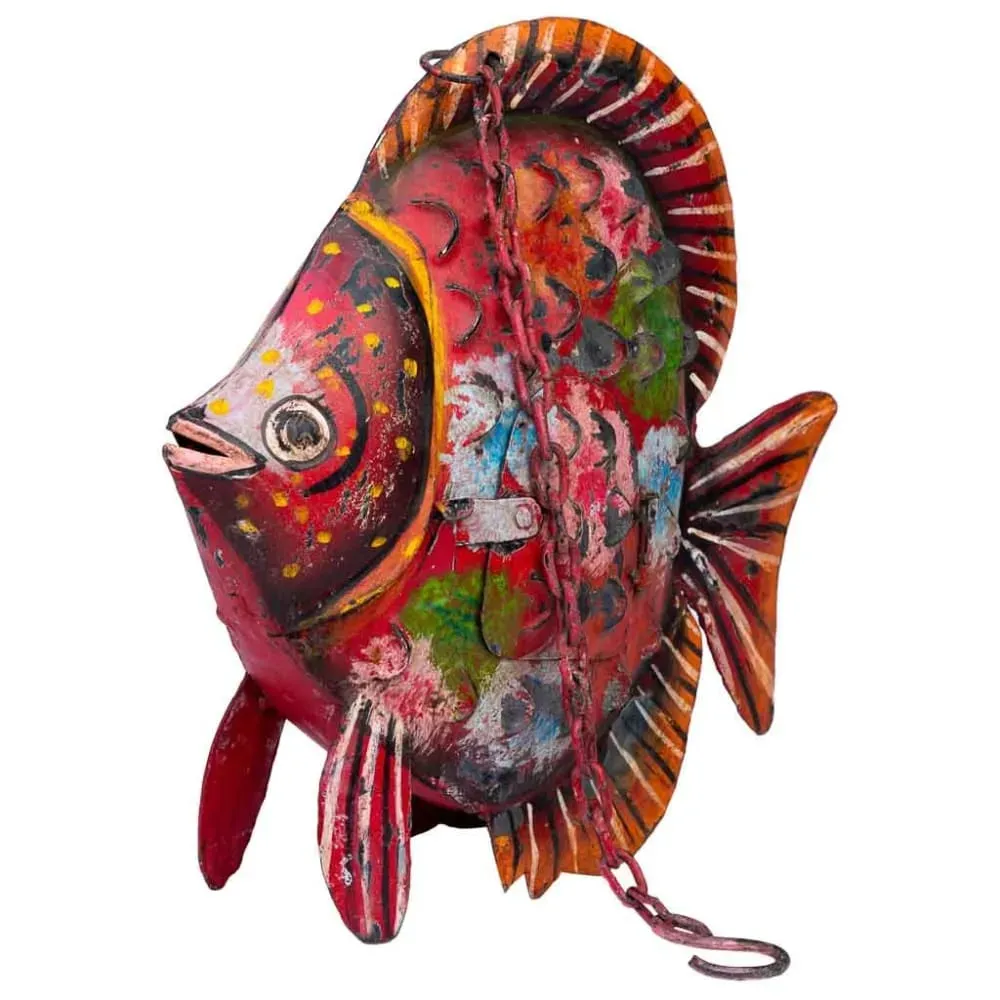 Bougeoir poisson rouge en métal vieilli 30x9x30