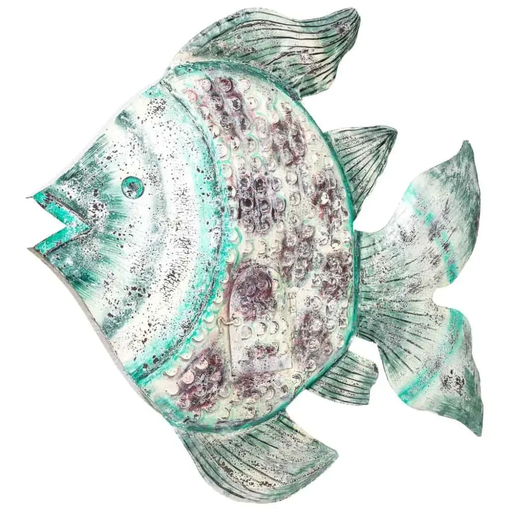Bougeoir poisson en métal vieilli bleu-gris, 120x9x100h cm