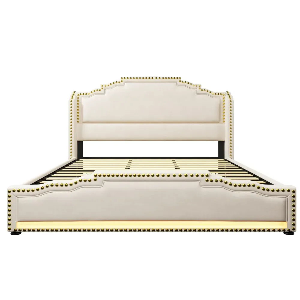 Lit king beige rembourré captionné royal avec éclairage LED