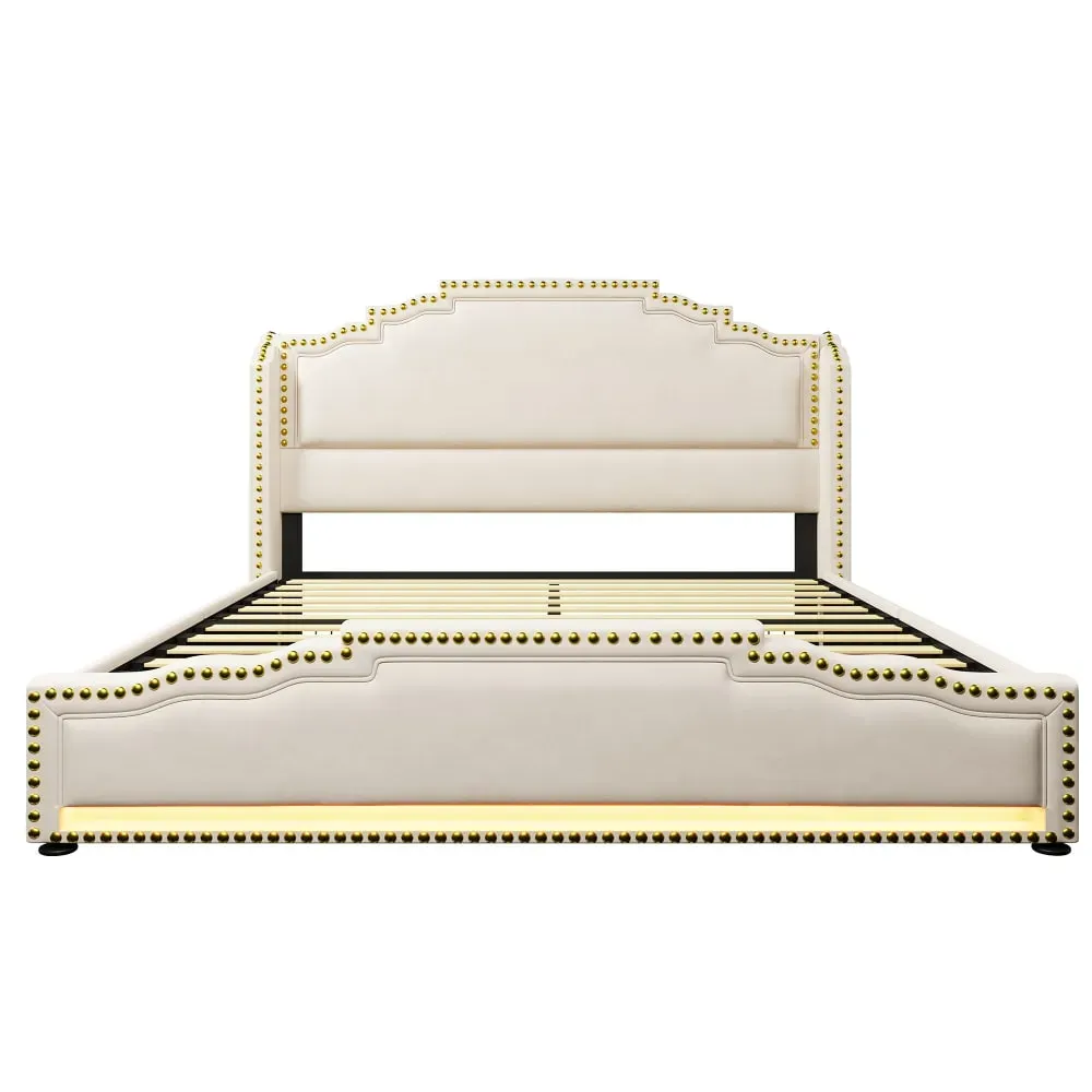 Lit king beige rembourré captionné royal avec éclairage LED