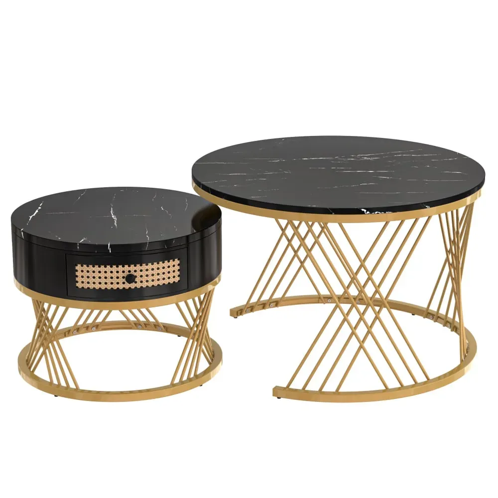 Ensemble de 2 tables basses gigognes rondes effet marbre noir et rotin