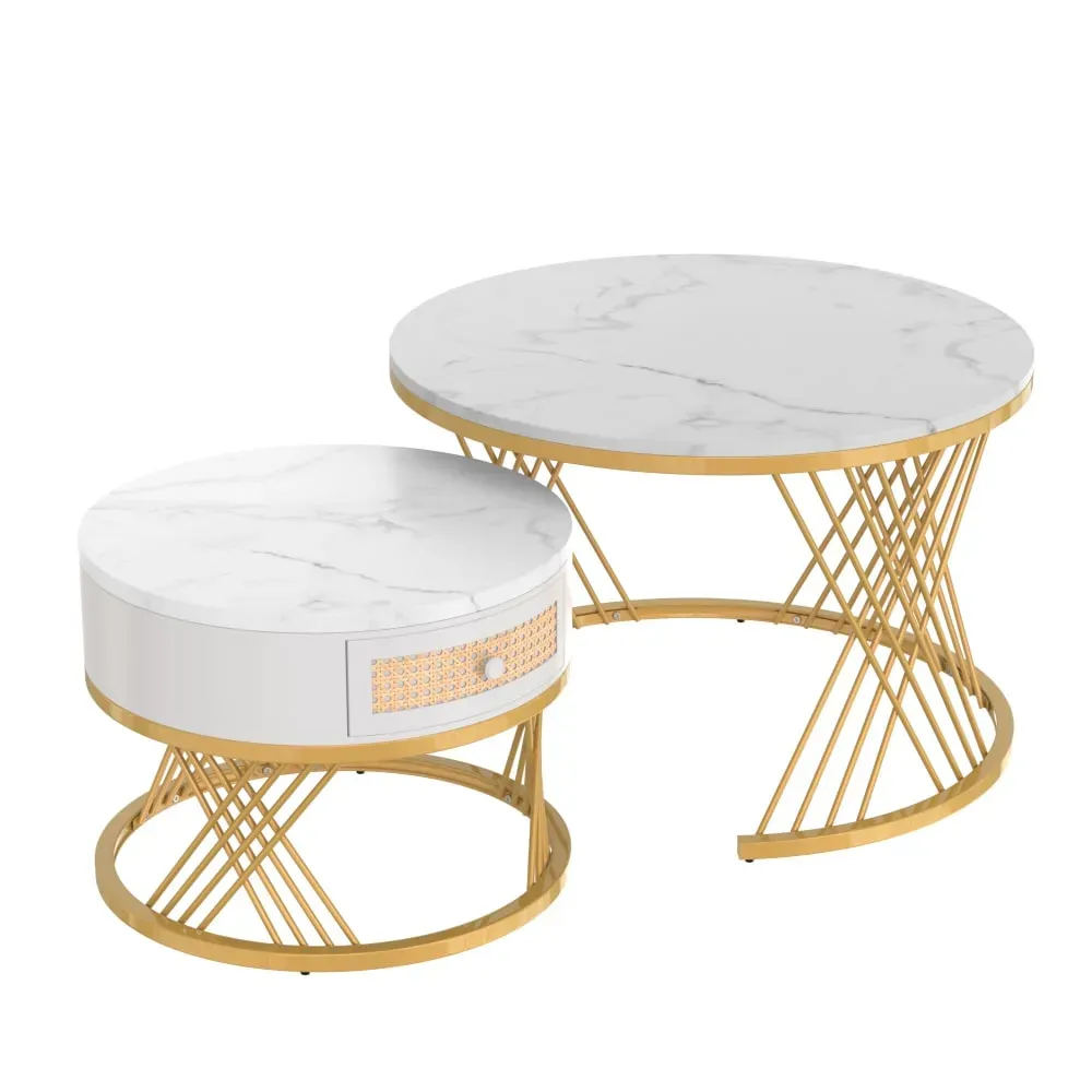 Ensemble de 2 tables basses gigognes rondes effet marbre blanc