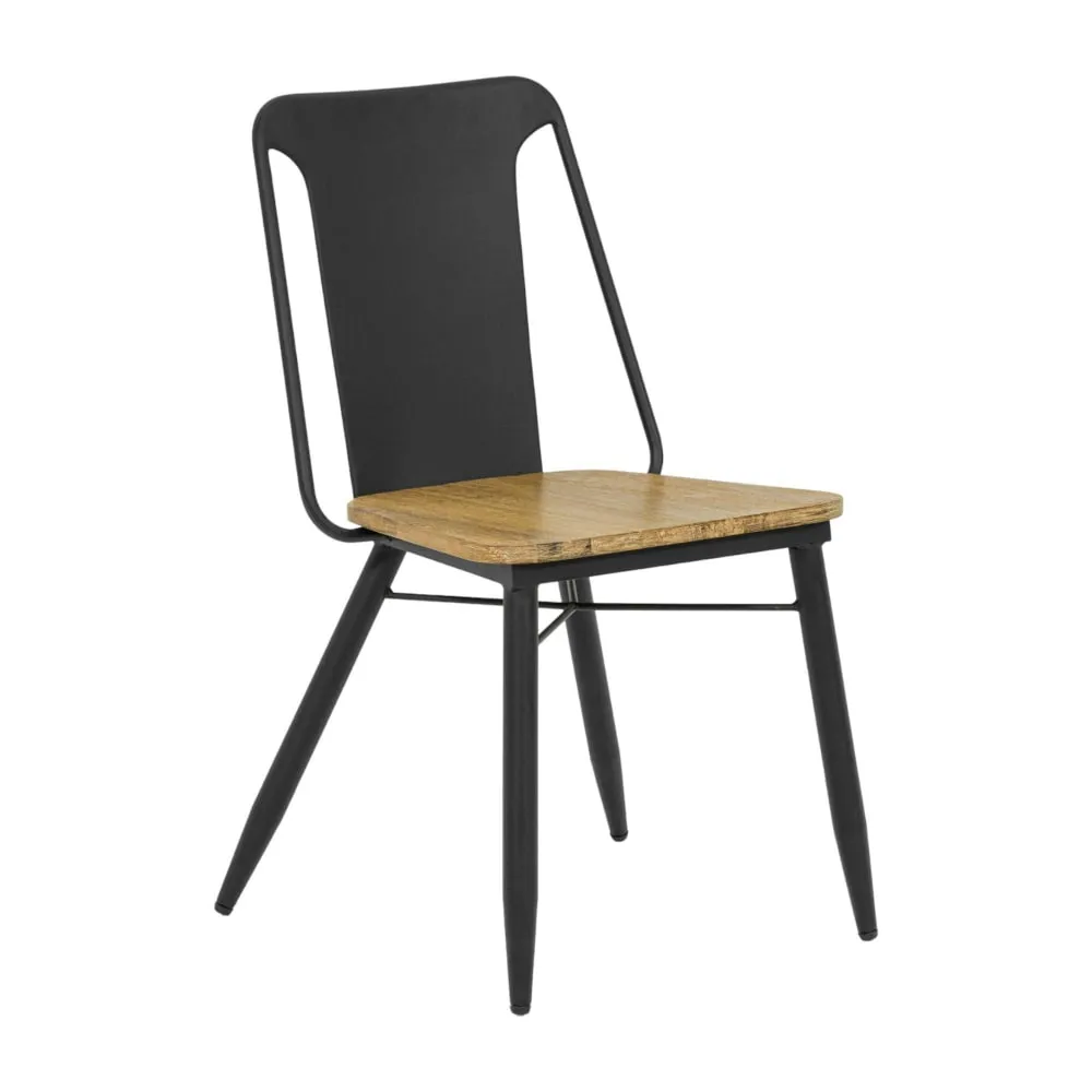 Chaise industrielle en métal noir assise en acacia