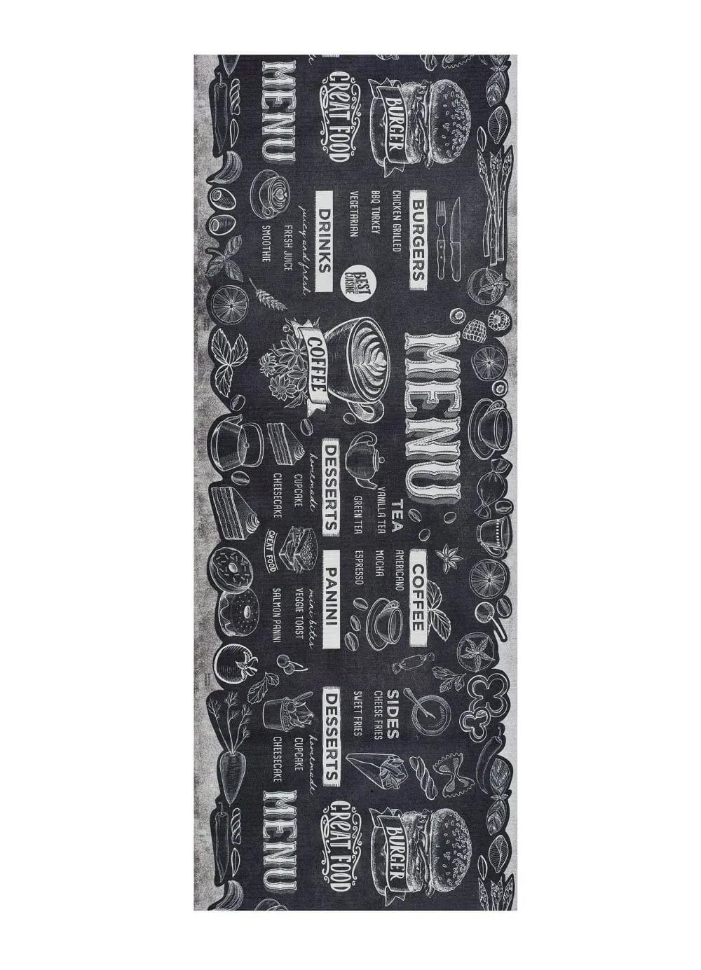 Tapis de cuisine lavable menu noir/blanc 52x200 cm
